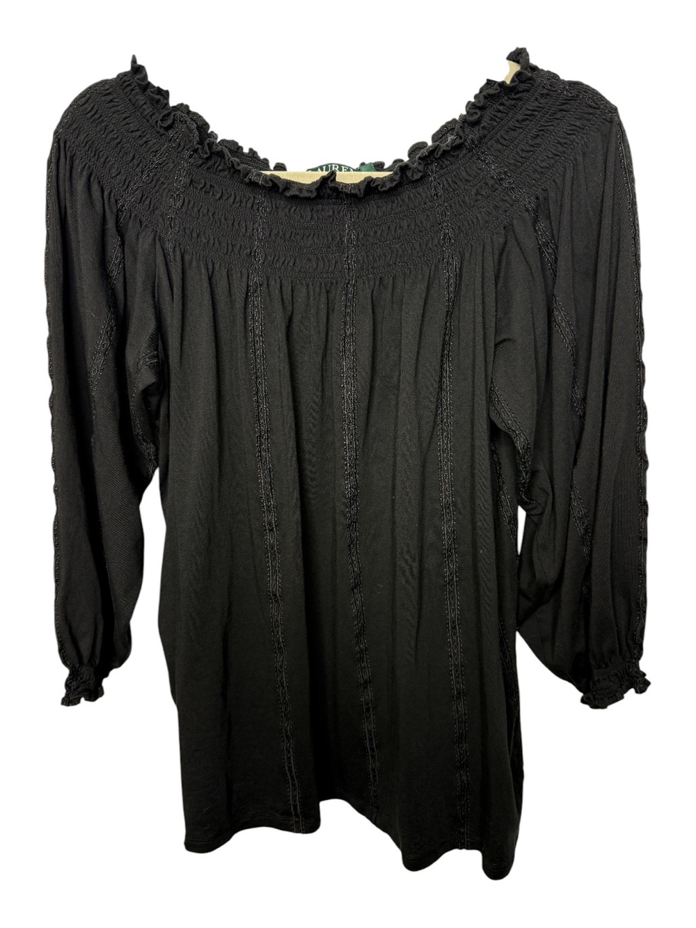 Ralph Lauren Black Smocked Peasant Top Subtle Details Ruffled Sleeves | EUC